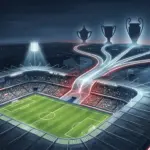 Stadium and five illuminated routes symbolizing Poland’s UEFA ranking and five European cup places