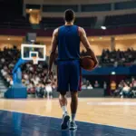 Anonymous towering basketball center on a blue and burgundy arena court representing Balcerowski’s Barcelona transfer