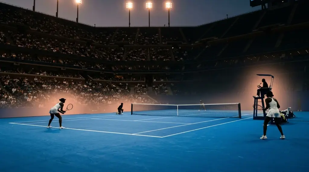 Women’s tennis players prepare for a first-round US Open match under stadium lights.