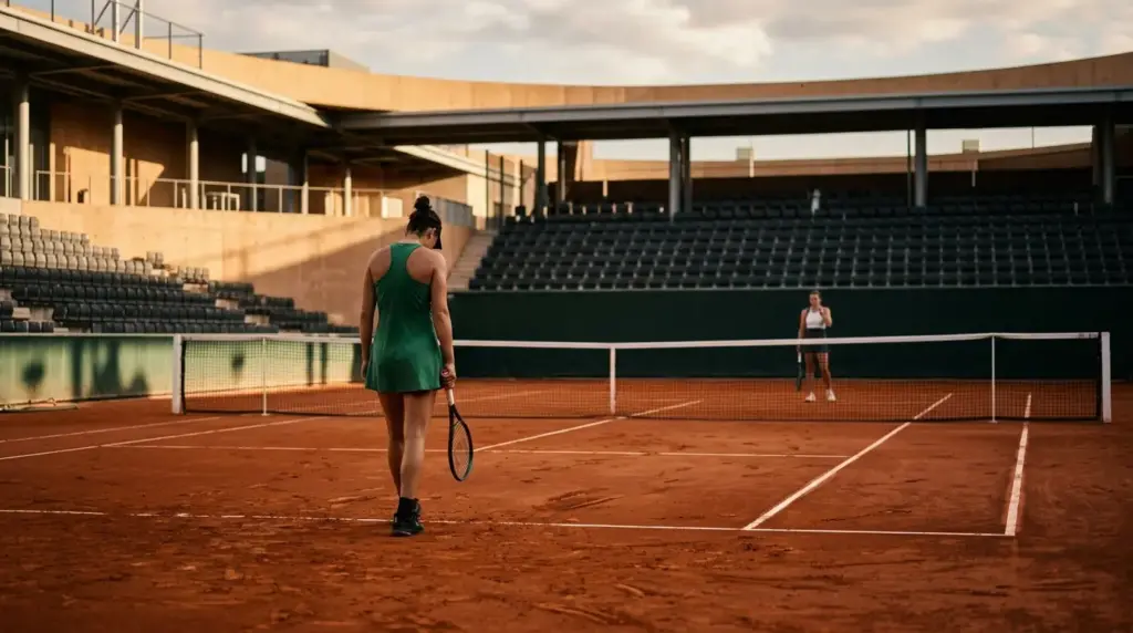 Tennis players on a Madrid clay court during a tense qualifying match