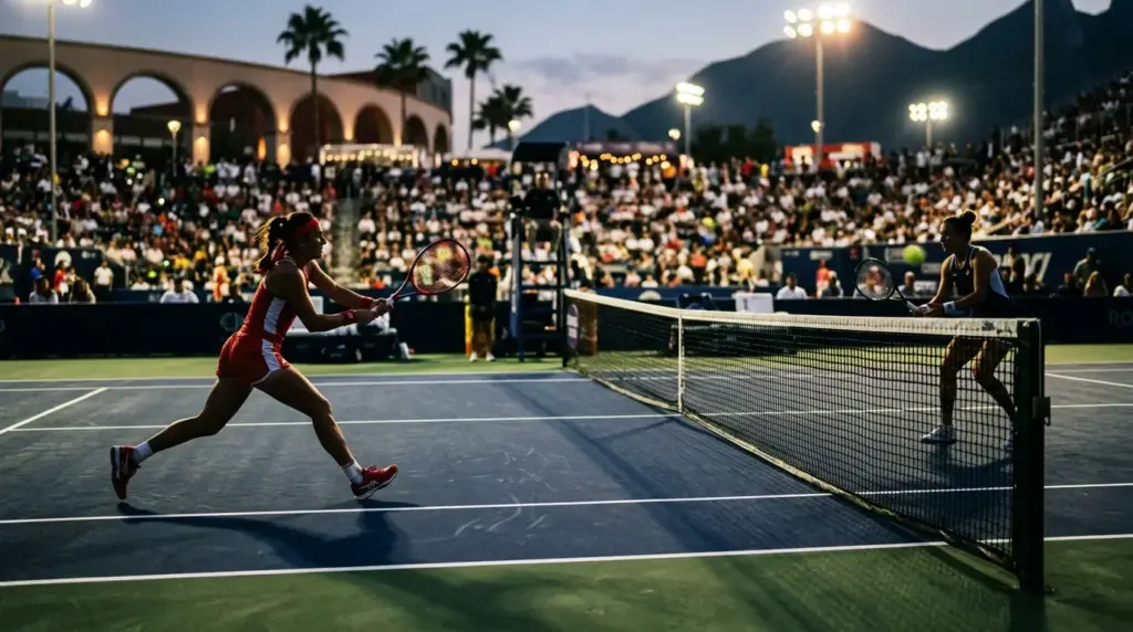 Two tennis players compete on a hard court in a high-stakes Monterrey tournament match