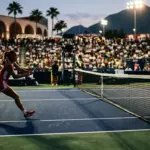 Two tennis players compete on a hard court in a high-stakes Monterrey tournament match