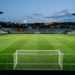 Floodlit football stadium symbolizing Jagiellonia’s four-goal lead before the Europa League return in Tbilisi