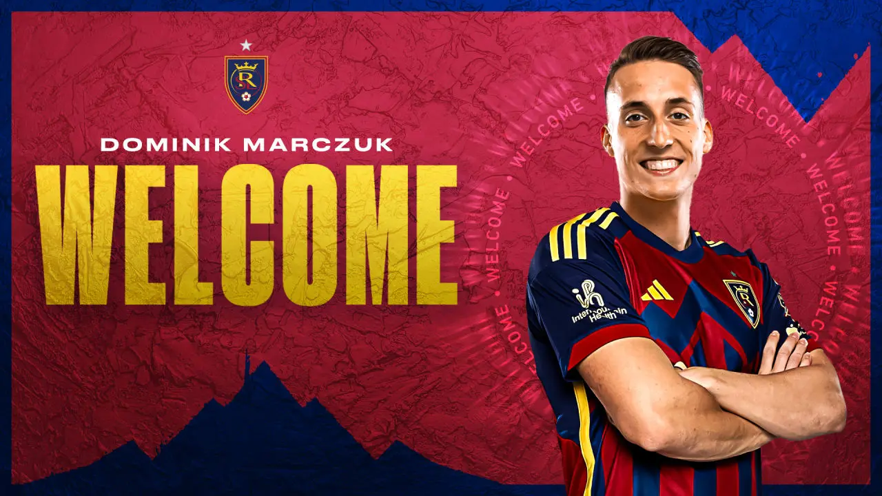Dominik Marczuk in a Real Salt Lake jersey posing against a red and blue welcome graphic.
