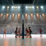 Volleyball teams prepare for a tense EuroVolley match in an indoor arena