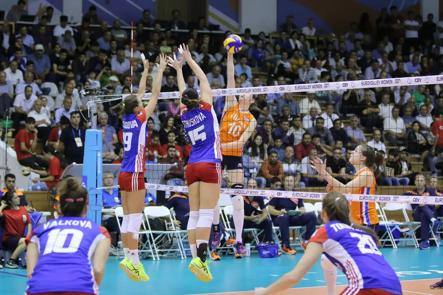 Female volleyball players in purple and orange uniforms competing at a EuroVolley Women match