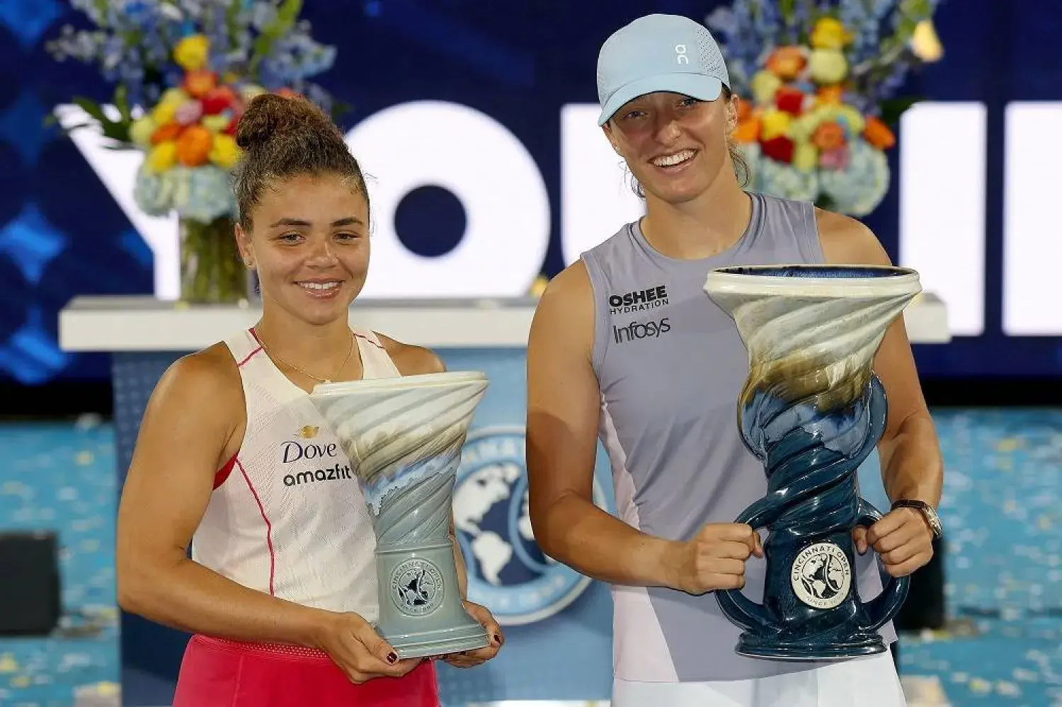 Iga Świątek and Coco Gauff holding trophies at the Cincinnati Open