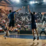 Handball players competing in a tense Polish Super Cup final inside a packed indoor arena
