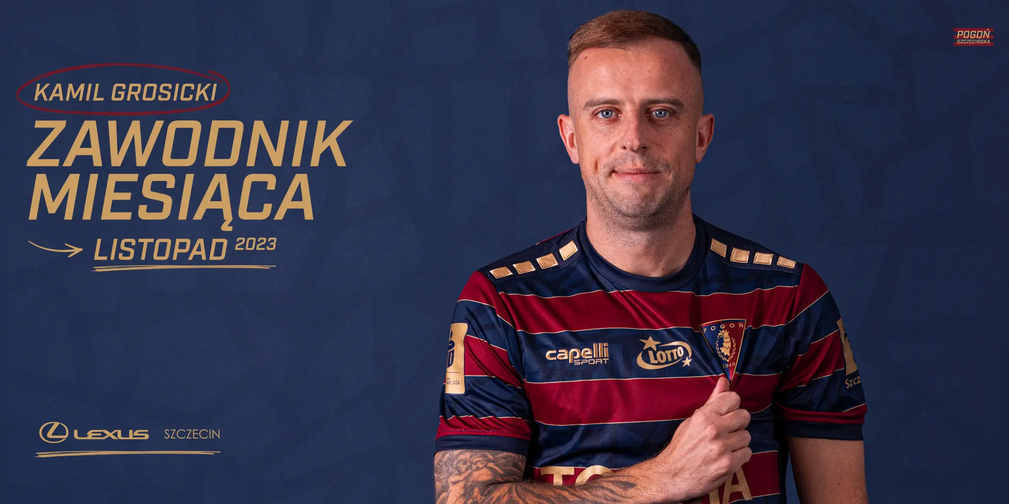 Kamil Grosicki wearing a Pogoń Szczecin jersey against a blue background with text reading Zawodnik Miesiąca Listopad 2023