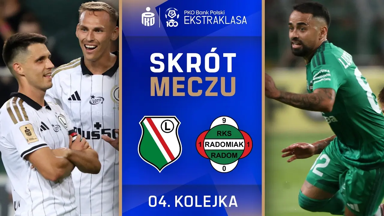 Match highlight graphic for Legia Warszawa vs Radomiak Radom featuring players from both teams and club logos.