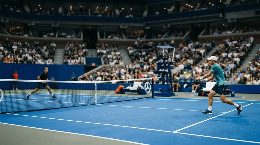 Tennis players compete in a US Open first-round match on a hard court