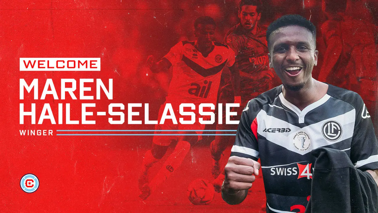 Welcome graphic for Maren Haile-Selassie featuring the player in a soccer jersey and the Chicago Fire logo