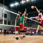 Poland U17 volleyball player attacks against Mexico in a Doha indoor arena