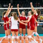 Polish U17 volleyball team celebrating a decisive win in the world championship match