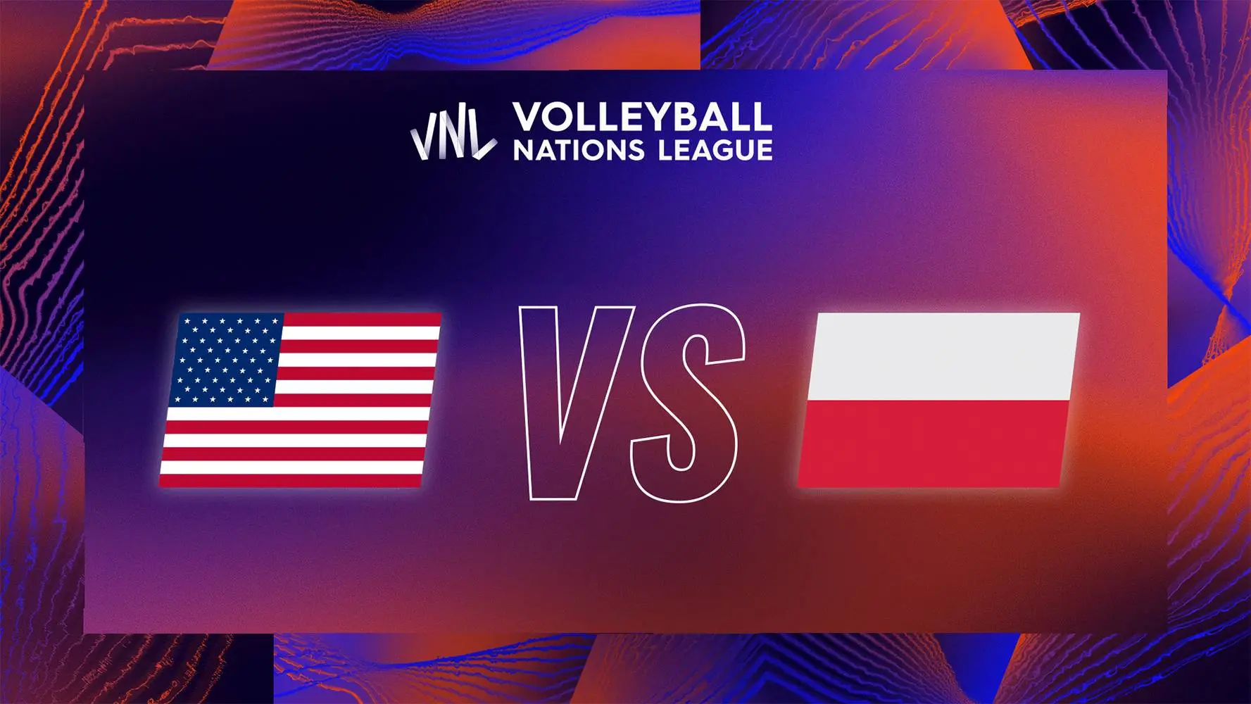 Volleyball Nations League graphic featuring the flags of the USA and Poland with VS text