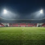 Raków Częstochowa stadium illuminated before a decisive European playoff match