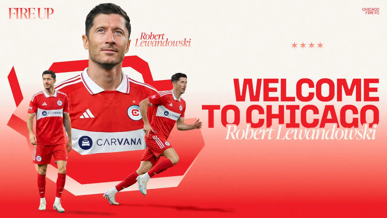 Welcome graphic for Robert Lewandowski joining Chicago Fire FC, featuring him in the team's red kit