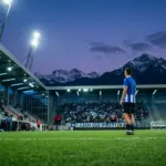 Lech Poznań player at the floodlit Stockhorn Arena before a decisive Europa League qualifier