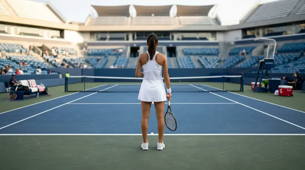 Tennis player prepares to defend her Cincinnati title on a blue hard court.