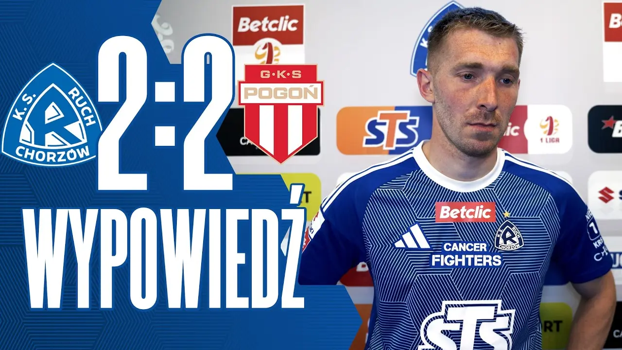 Szymon Szymański in a blue Ruch Chorzów jersey next to a 2:2 scoreline against Pogoń.