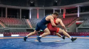 Anonymous wrestlers competing under arena lights during an international wrestling tournament in Warsaw