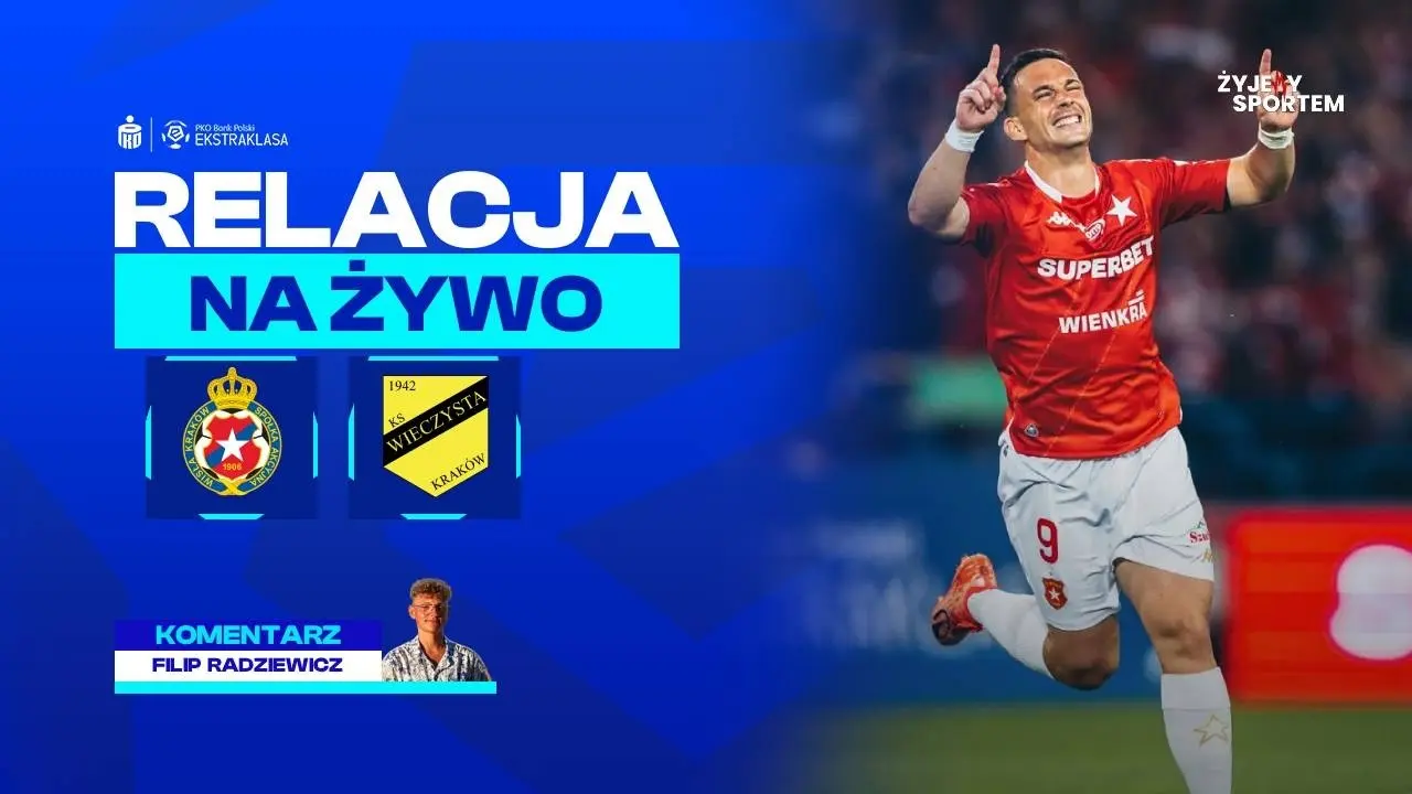 Match preview graphic for Wisła Kraków vs Wieczysta Kraków featuring logos and a player in a red kit.