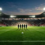 Oświetlony stadion piłkarski symbolizujący drogę polskiego mistrza do Ligi Mistrzów