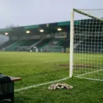Pusta bramka na stadionie i rękawice bramkarskie upamiętniające Jana Stanaszka