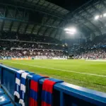Floodlit stadium before a European football match between Lech Poznań and Crystal Palace